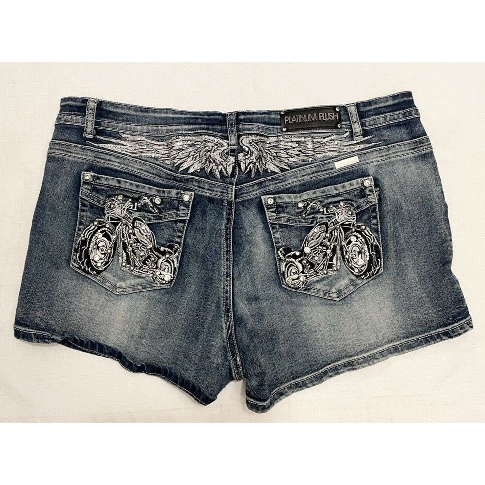 PLATINUM PLUSH Denim Shorts Plus 3x 40" Motorcycle & Wings Rhinestone #4547